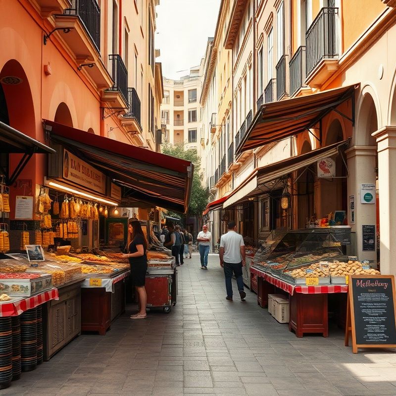 Feria callejera en Rivera con puestos de alimentos y etiquetas de precios visibles en tonos terracota y crema