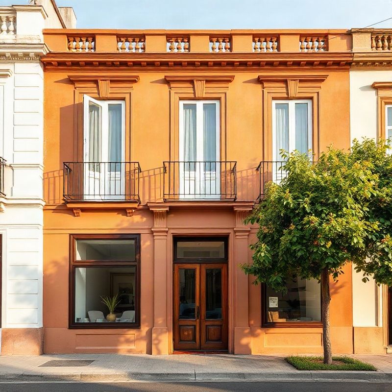 Fachada de edificio en Rivera con arquitectura de estilo europeo en tonos terracota y crema